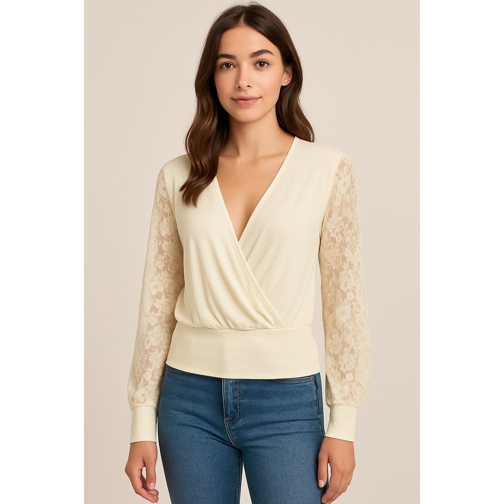 Bobi LA NWT Boho Cream Lace Sleeve Surplice Blouse Women's‎ Long Sleeve Knit Top